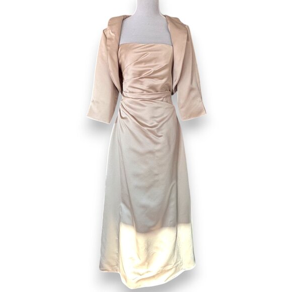 Davids Bridal mother of the bride champagne strapless gown & bolero jacket sz 14 - Picture 1 of 14